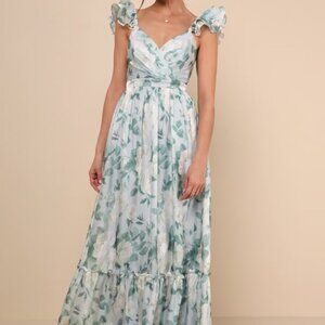 Lulus Soiree Perfection Light Blue Floral Ruffled Tiered Maxi Dress - Size M